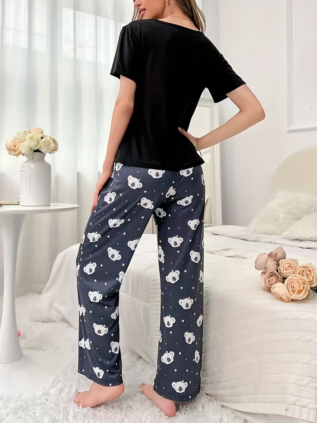 Koala Print Pajama Set Short Sleeve Top & Pants Women's Sleepwear