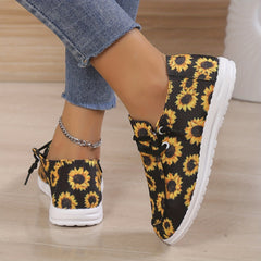 Women's Sun Flower Print Sneakers Low Top Lace Up Round Toe Casual Shoes