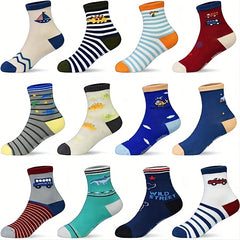 12pairs Boys Cartoon Pattern Socks With Grips Breathable Crew Socks