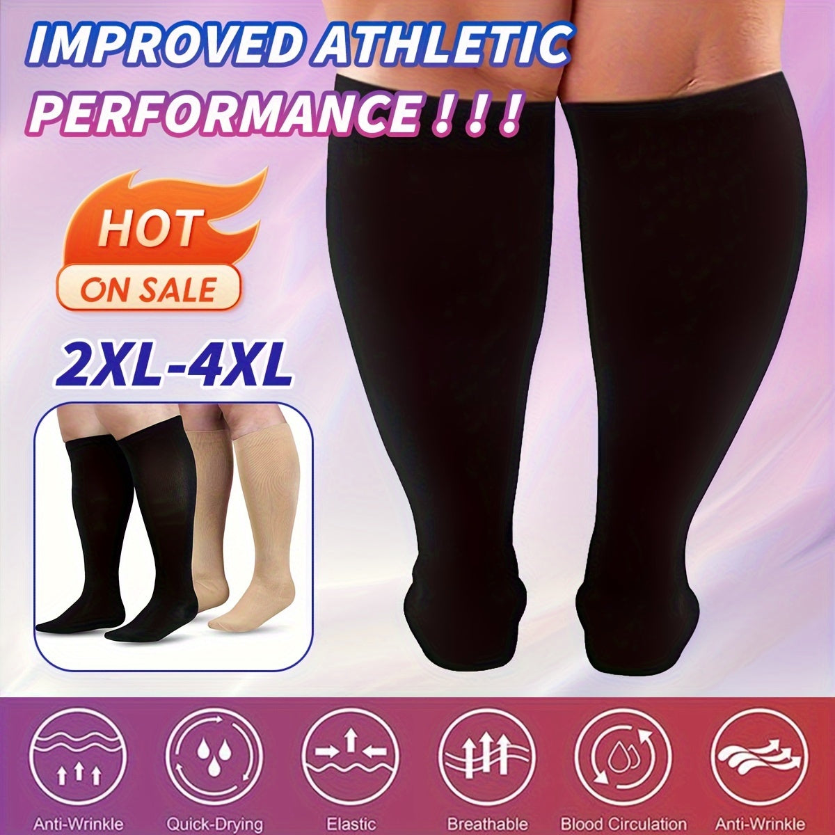 2pairs Plus Size Compression Socks 15-20mmHg Wide Calf Compression Socks