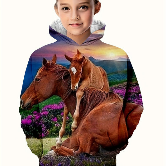 3D Horse Graphic Hoodie Long Sleeve Breathable Pullover For Kids
