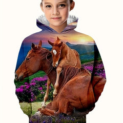 3D Horse Graphic Hoodie Long Sleeve Breathable Pullover For Kids