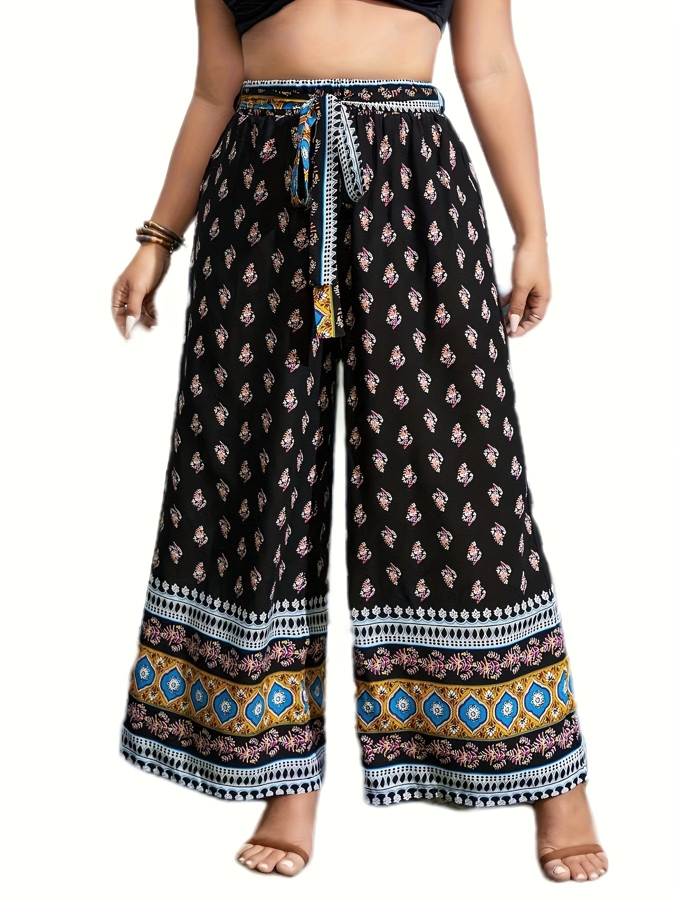 Boho Pants Women's High Rise Loose Fit Wide Leg Trousers With Belt