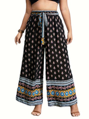 Boho Pants Women's High Rise Loose Fit Wide Leg Trousers With Belt