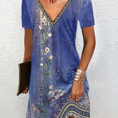 Floral Print V Neck Stretch Dress
