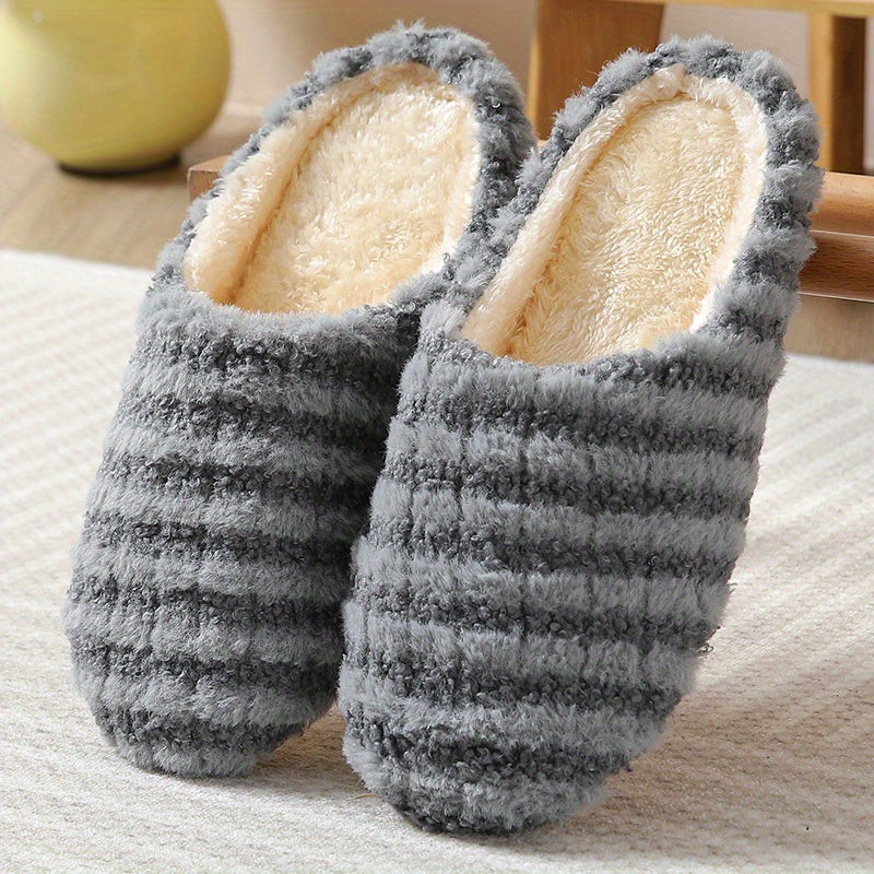 Women's Plush Striped Slippers Soft Sole Fuzzy Home Slides