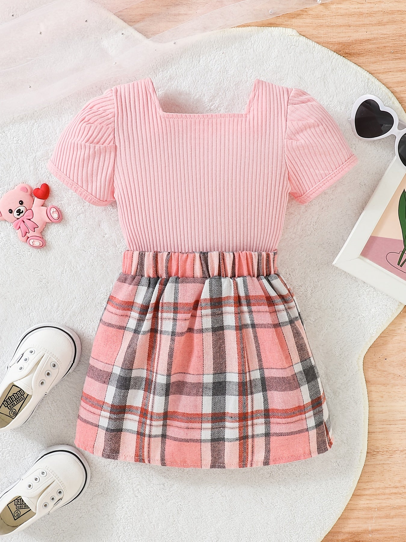 Toddler Girl Summer Clothes Set Ruffled Tee Plaid Skirt