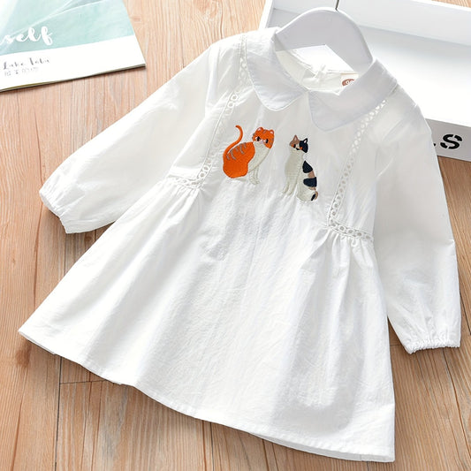 Girls' Kitty Embroidered Cotton Shirt Dress