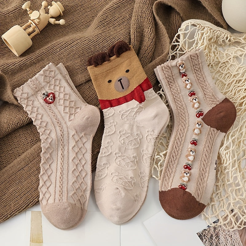5 Pairs Textured Bear & Geometric Pattern Socks Women's Stockings