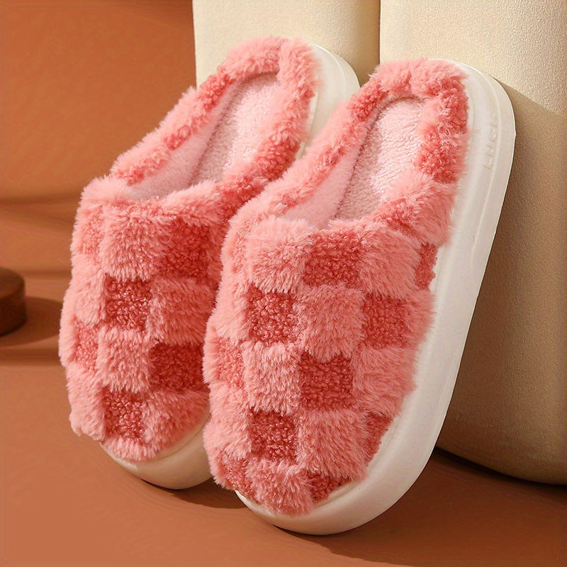 Women's Plaid Pattern Slippers Slip On Round Toe Non slip Home Fluffy Slides Sho