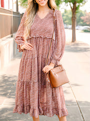 Women's Plus Floral Print Ruffle Trim V Neck Maxi Dress