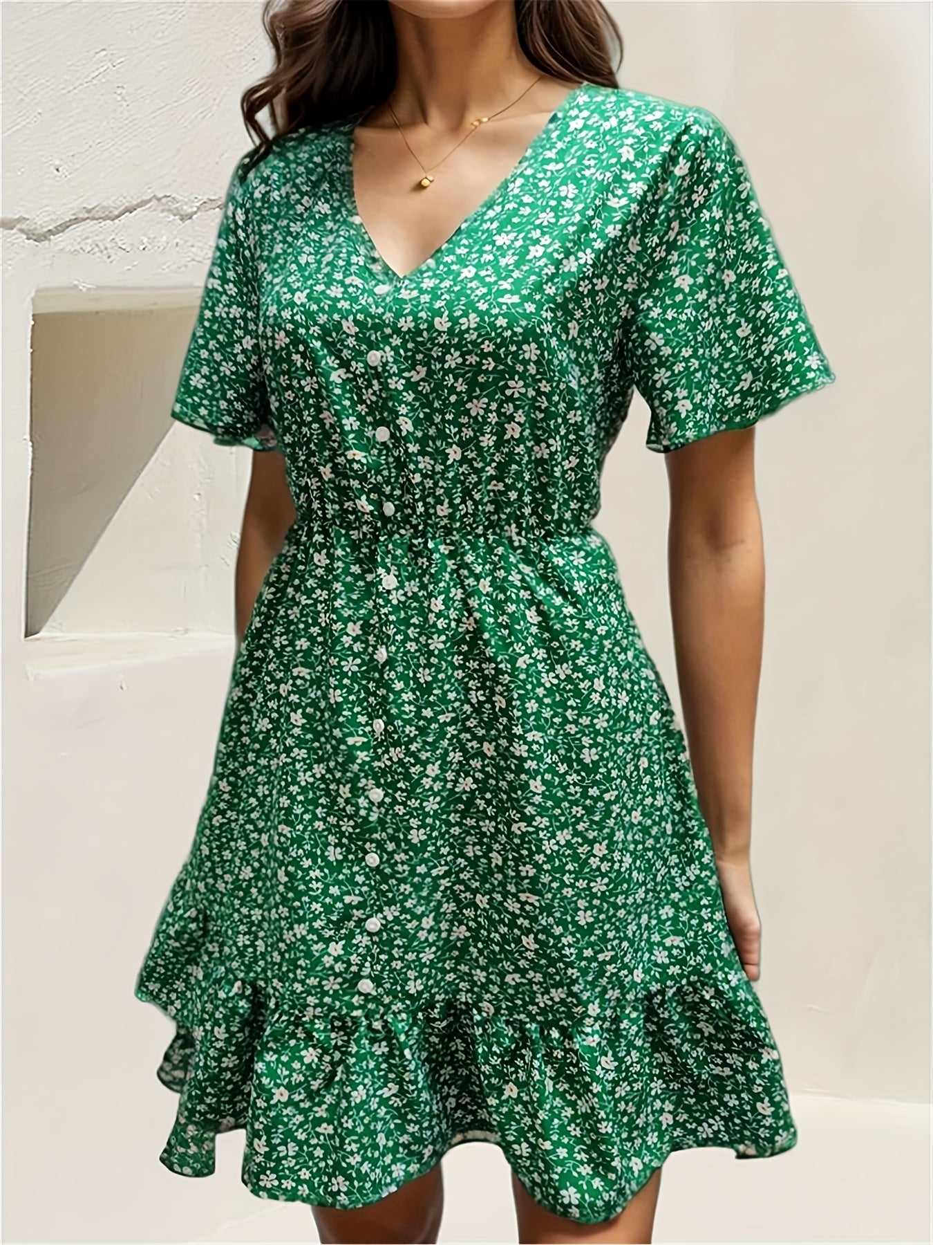 Floral Print Dress Button Front V Neck Summer Dress Women's Clothing