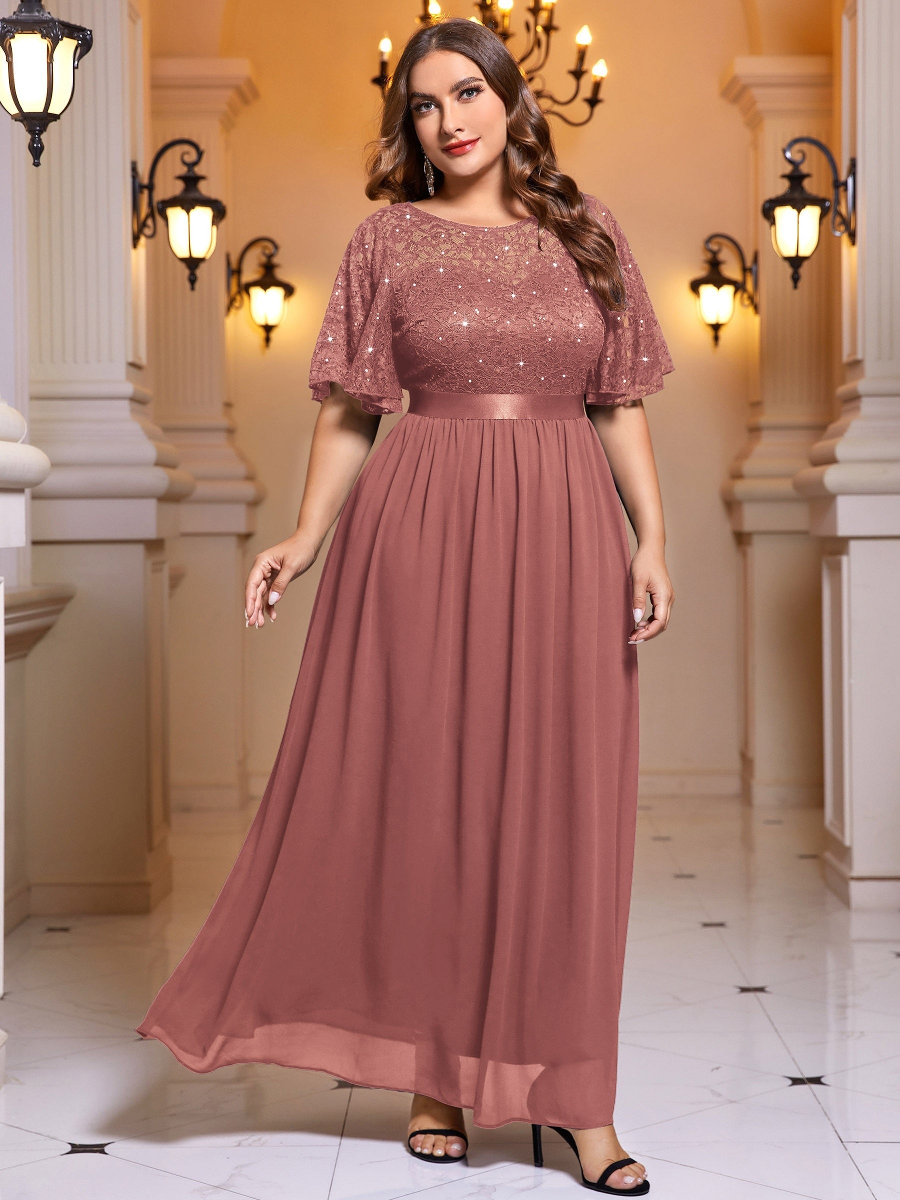 Sequin Lace Flutter Sleeve Maxi Bridesmaid Dress