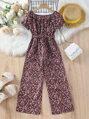 Girls Floral Off Shoulder Jumpsuit with Belt