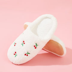 Cherry Embroidery Fluffy Indoor Slippers Women's House Shoes