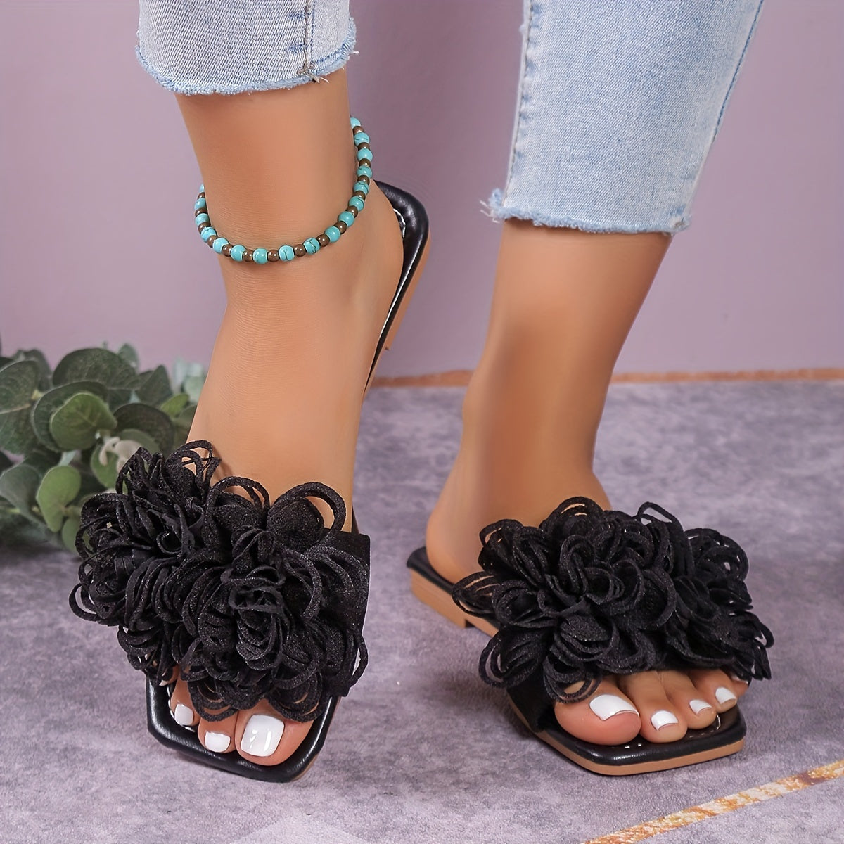 Square Open Toe Flower Slide Sandals for Women