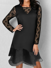 Casual Dress Solid Contrast Lace Long Sleeve