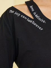 V Neck Cut Out Shoulder Tee Letter Print Short Sleeve Casual Sports T shirts