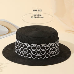 Straw Jazz Sun Hat Women Wide Strap Decor British Style Flat Top Fedora Cap