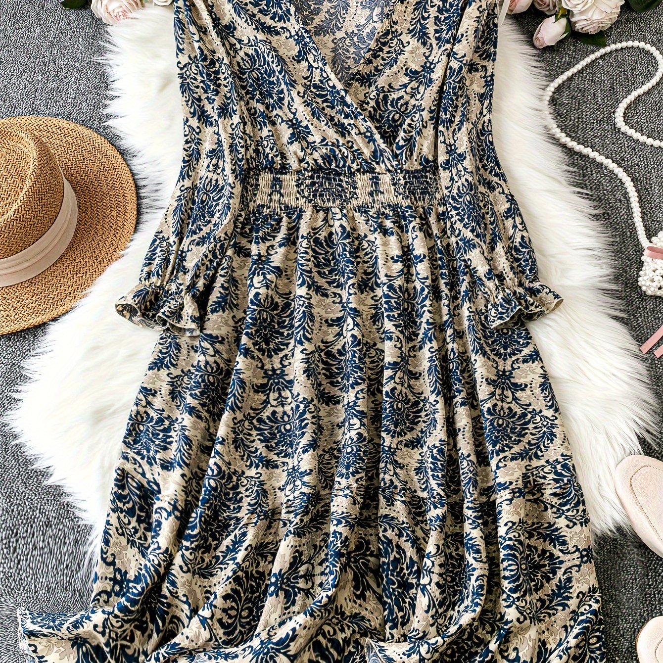 Boho Damask Print Maxi Dress Lantern Sleeve V Neck Plus Size