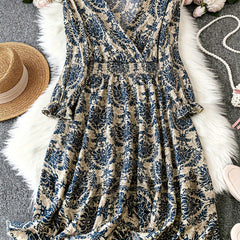Boho Damask Print Maxi Dress Lantern Sleeve V Neck Plus Size