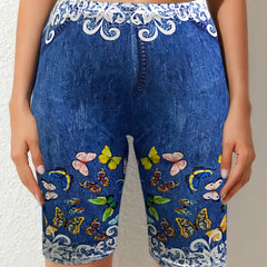 Butterfly Denim Print Skinny Leggings for Spring & Summer Women