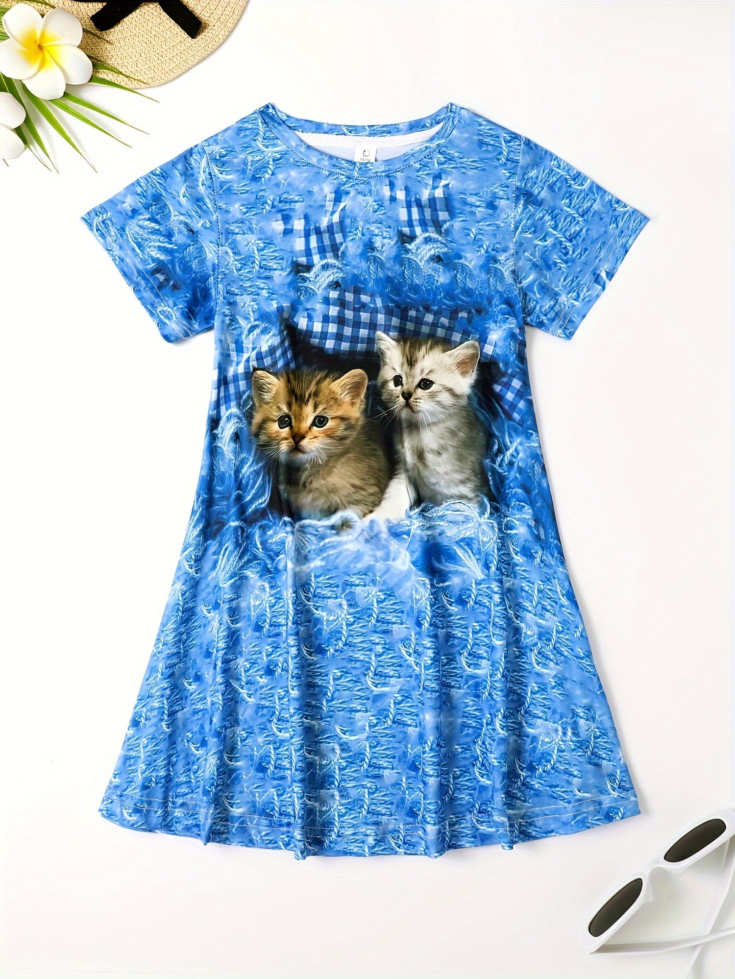 Girls 3D Kitty Print Dress Summer Clothes