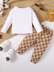 2pcs Baby Boy Bear Graphic Long-sleeved Plaid Trousers Set
