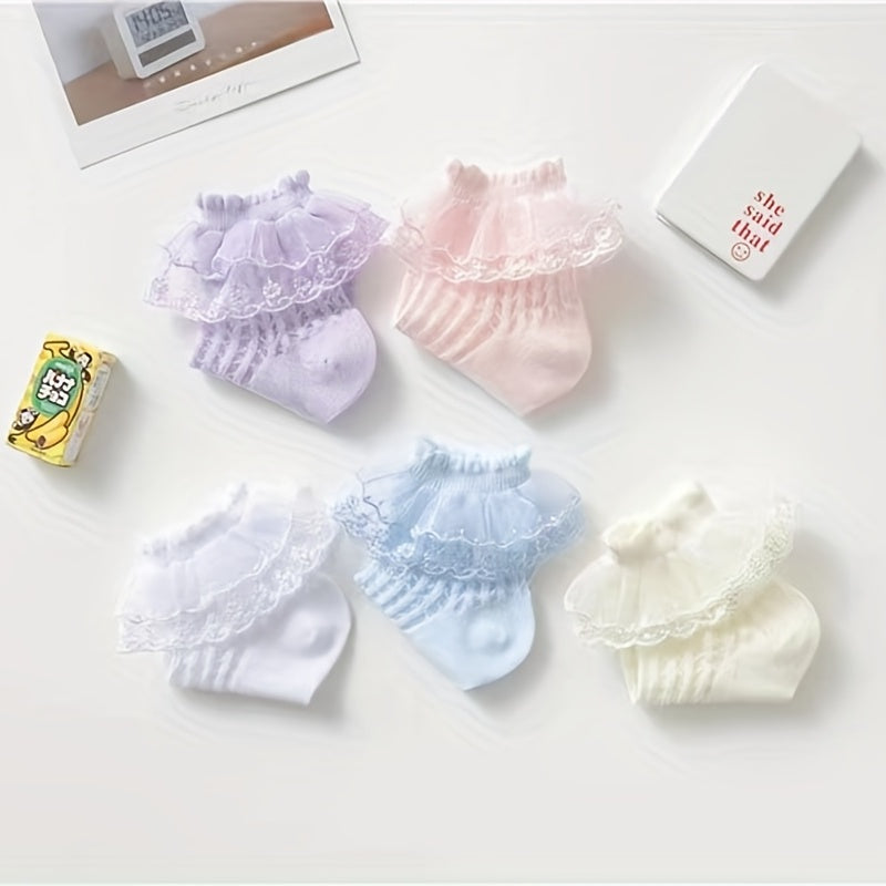 5 Pairs Lace Brim Cotton Socks for Girls
