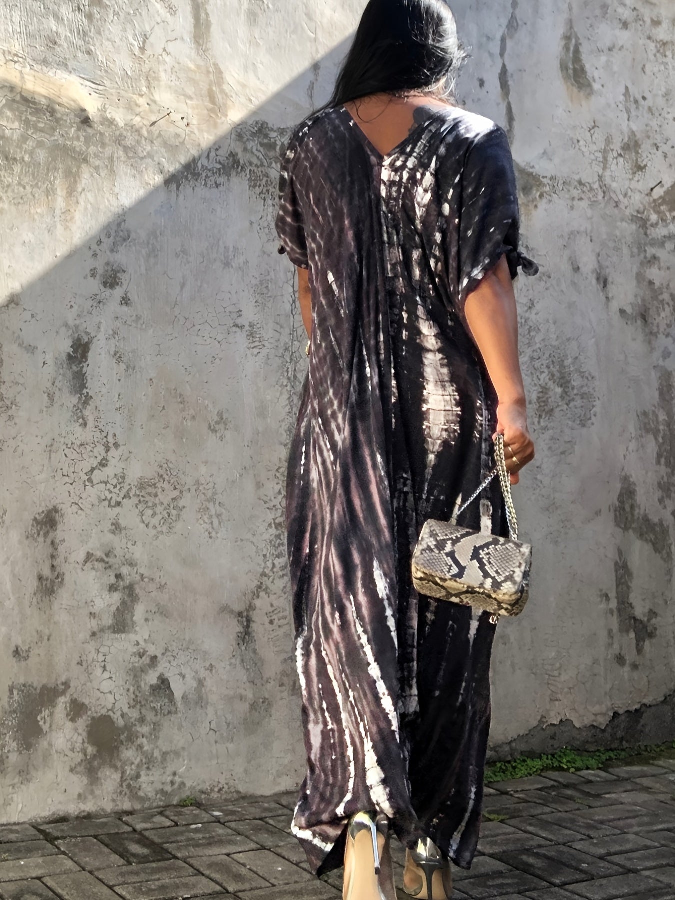Tie Dye Cover Up Dress Loose Fit V Neck Beachwear Caftan Women's Swimwear