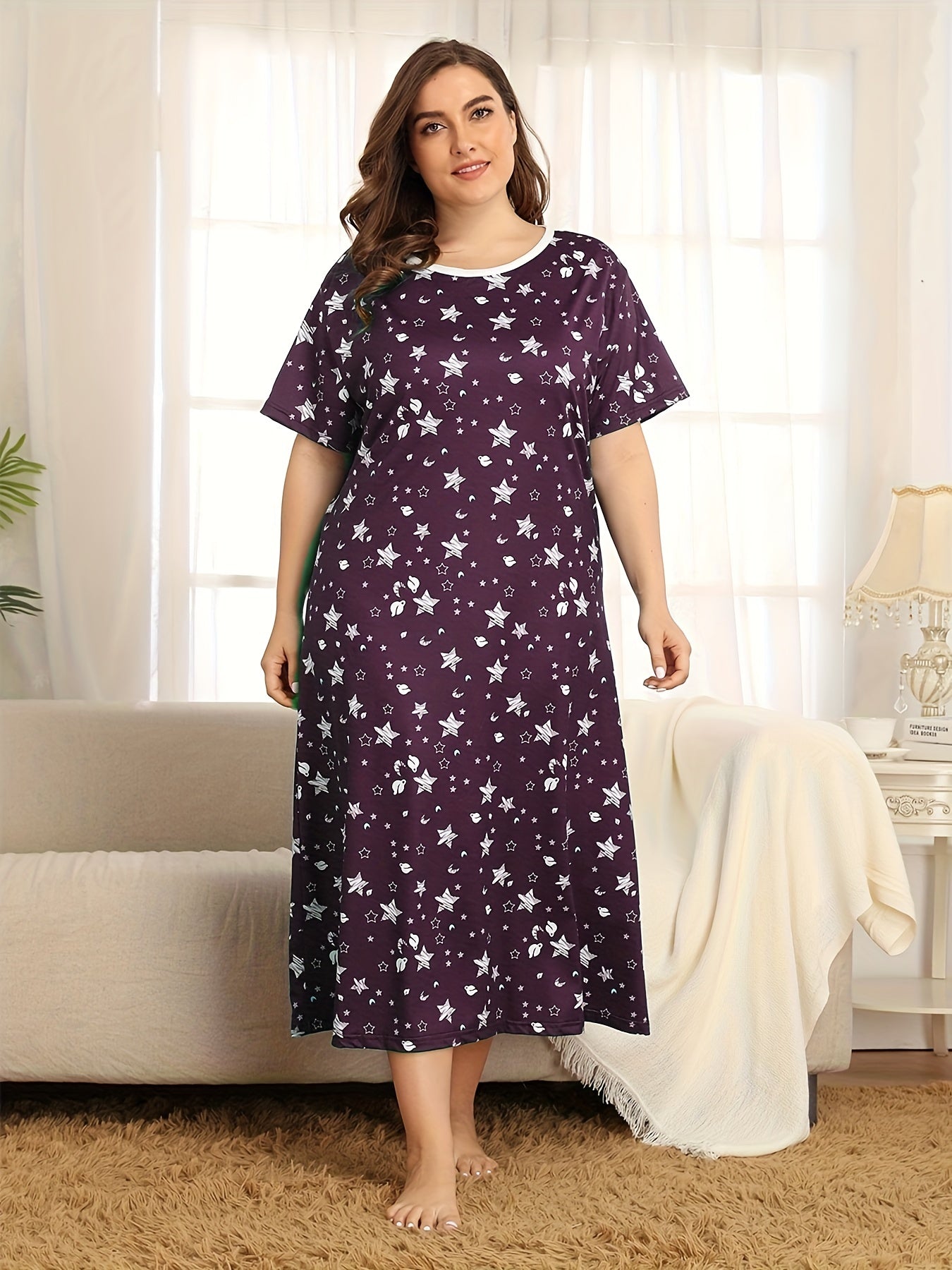 Stars Print Sleep Dress Short Sleeve