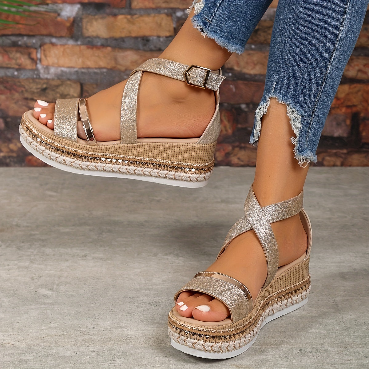Glitter Platform Espadrille Sandals Cross Ankle Strap Wedge Sandals