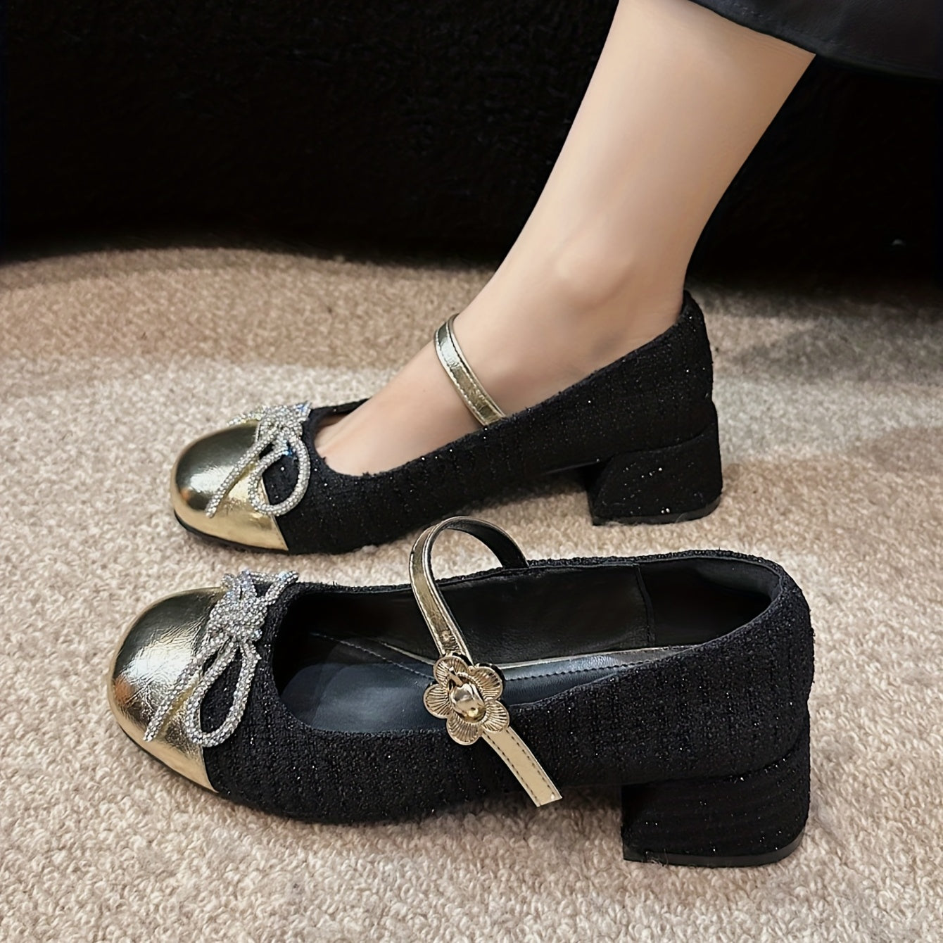 Women's Rhinestone Bow Mary Janes Chunky Heel Buckle Outdoor Dress Shoes