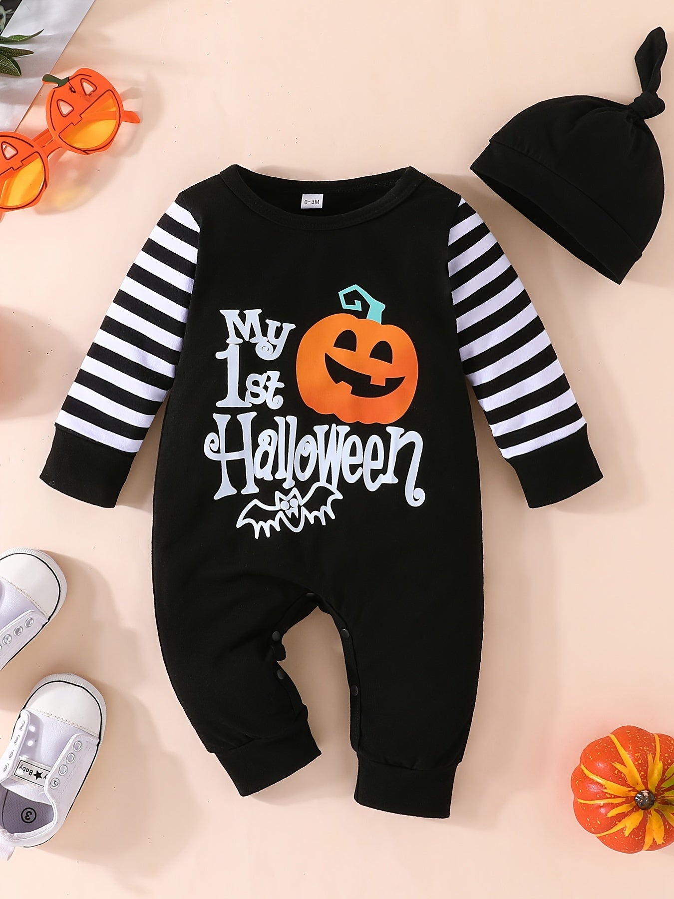 Halloween Striped Long Sleeve Romper Set Baby Bodysuit Hat 2pcs