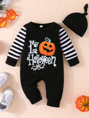 Halloween Striped Long Sleeve Romper Set Baby Bodysuit Hat 2pcs