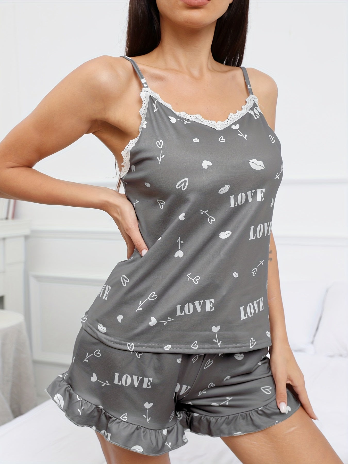 Heart & Letter Print Pajama Set with Lace Trim V Neck Cami Top & Ruffle Shorts