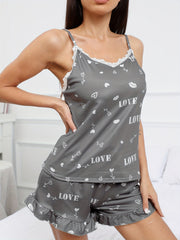 Heart & Letter Print Pajama Set with Lace Trim V Neck Cami Top & Ruffle Shorts