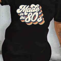Plus Retro Letter Print Tee & Shorts 2pcs Set