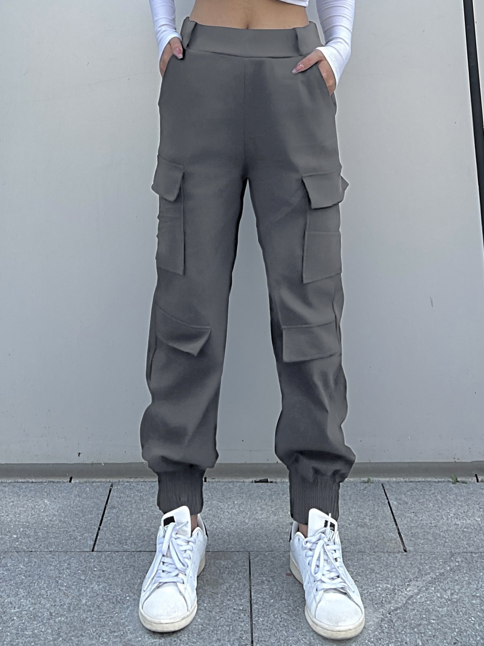 Women's Cargo Pants with Solid Flap Pockets - Elastic Waist