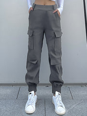 Women's Cargo Pants with Solid Flap Pockets - Elastic Waist