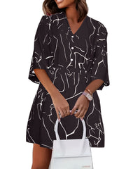 Random Print Half Sleeve V Neck Button Decor Dress