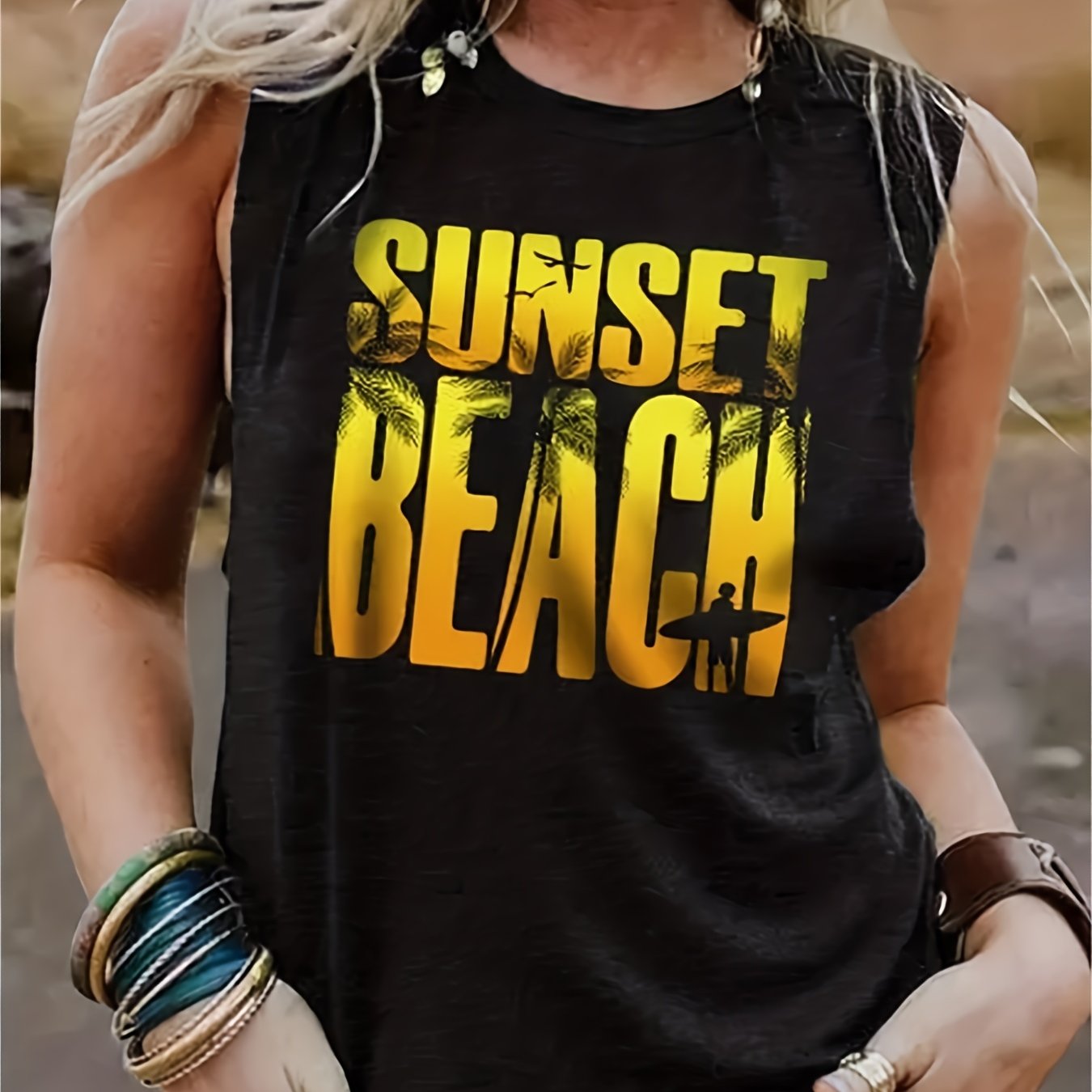 Sunset Beach Print Tank Top Sleeveless Summer Tank Top Women's Clothing