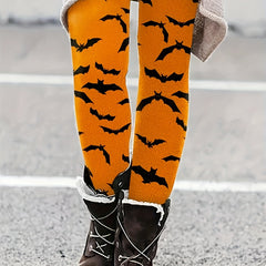 Halloween Bat Print Skinny Leggings Elastic Waist Stretchy Women's Clothing