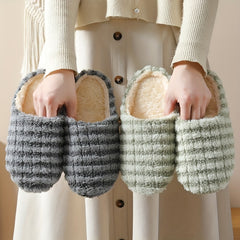 Women's Plush Striped Slippers Soft Sole Fuzzy Home Slides