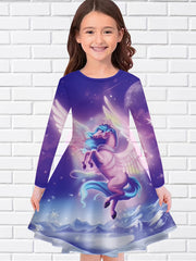 Girls 3D Rainbow Unicorn & Star Print Dress For Party Kids Gift