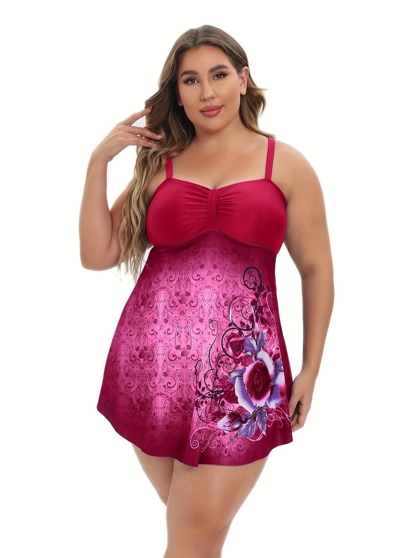Floral Paisley Print Scoop Neck Ruched Front Swimsuit Set