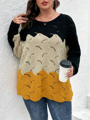 Colorblock Eyelet Embroidered Boat Collar Sweater