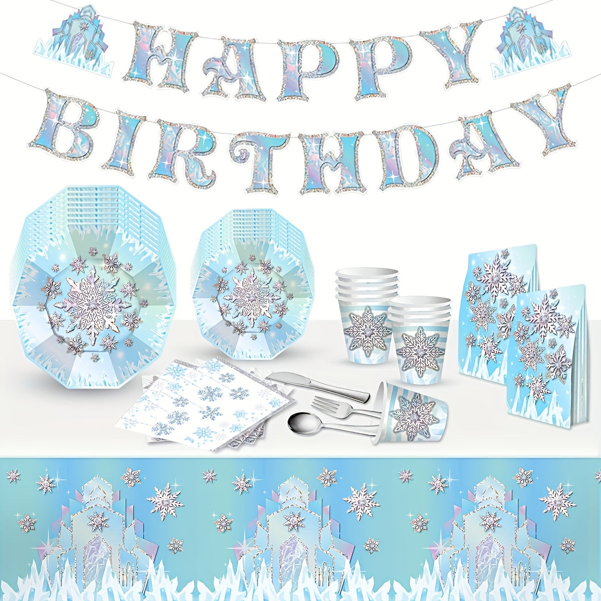 Snowflake Party Tableware Set - Plates, Cups & Napkins for Birthdays