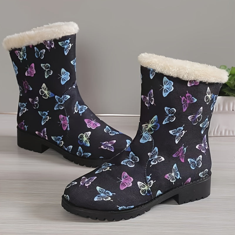 Women's Butterfly Pattern Fleece Lining Winter Mid Calf Boots