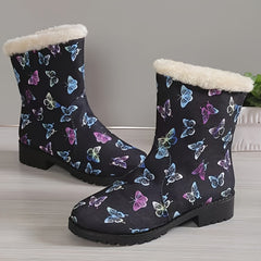 Women's Butterfly Pattern Fleece Lining Winter Mid Calf Boots